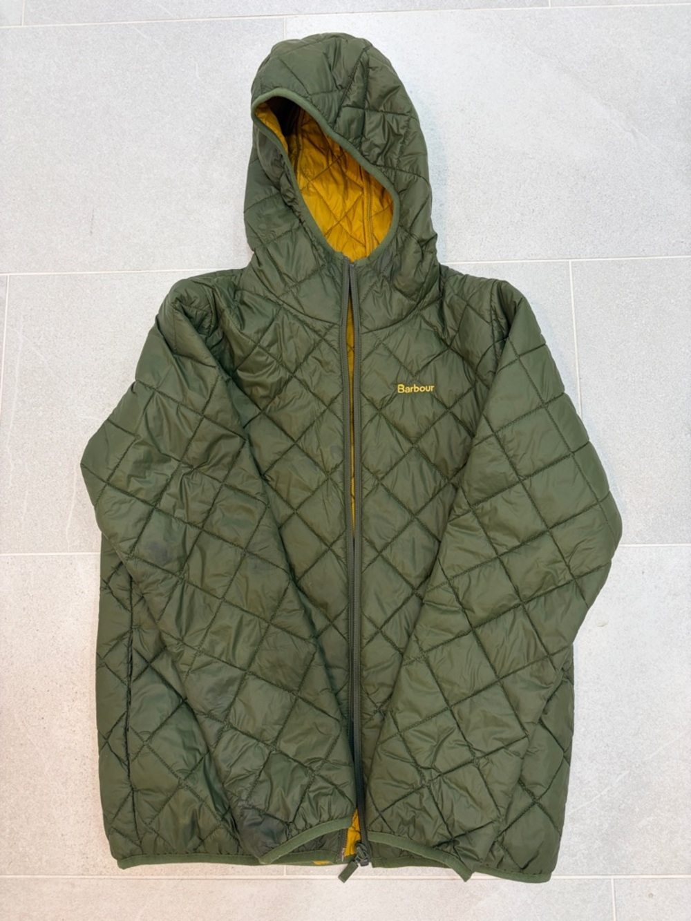 Barbour size L (10-11) Olive Quilted Hooded Jacket with Yellow Lining